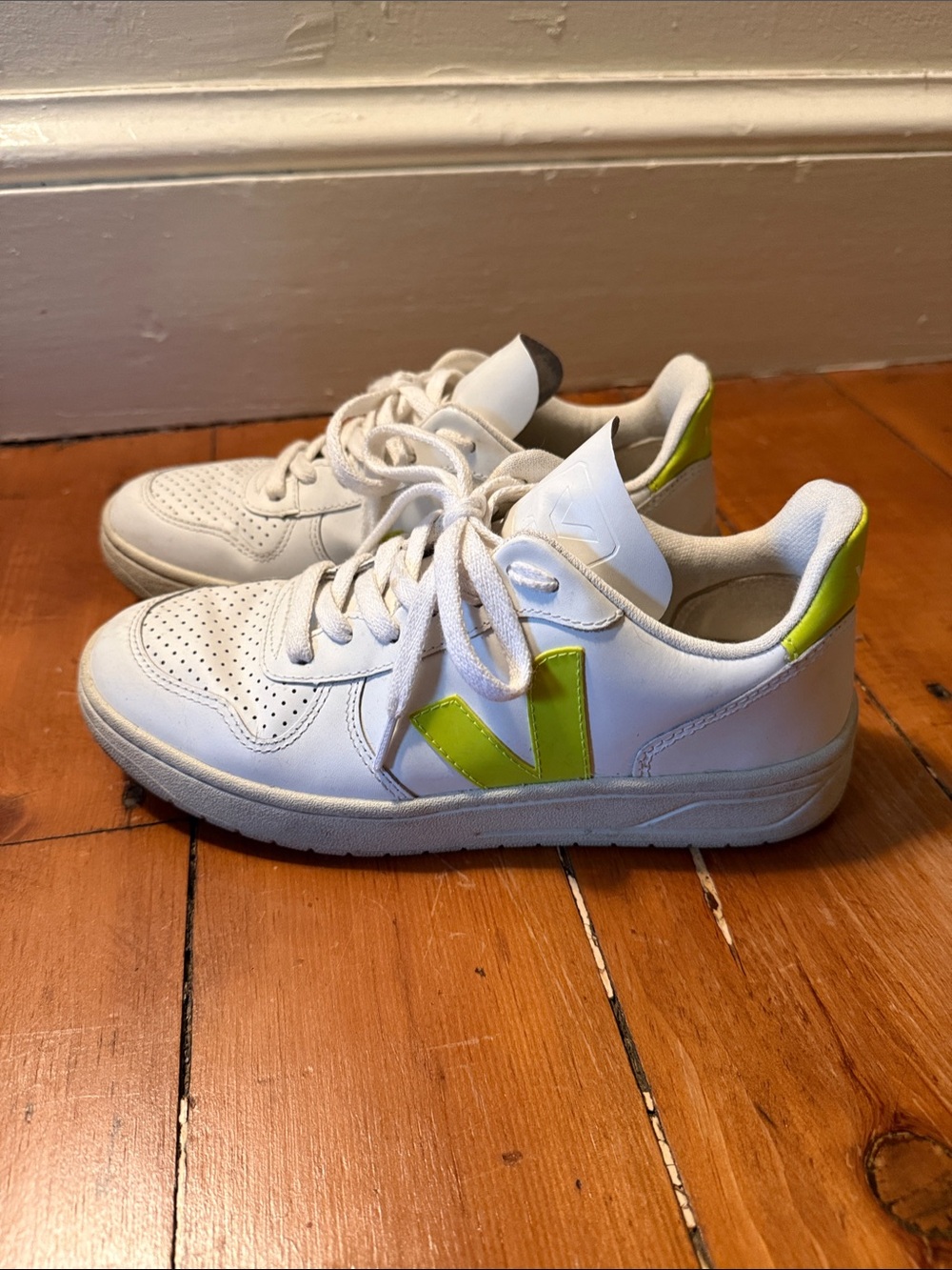 Veja White Sneakers with Neon Green V Accent